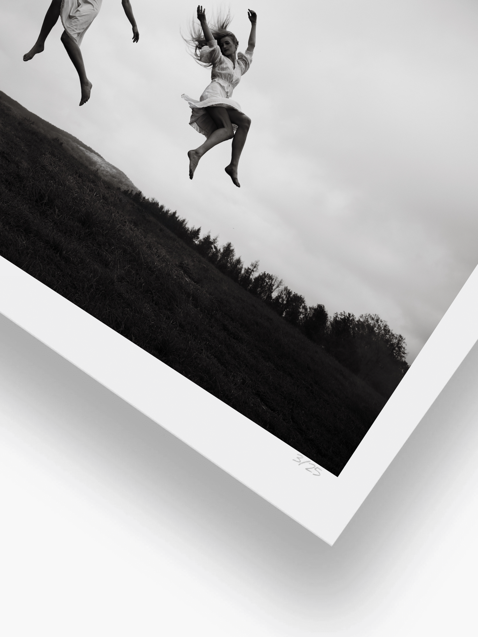 Two people jumping in the air with a landscape in the background, framed like a picture.