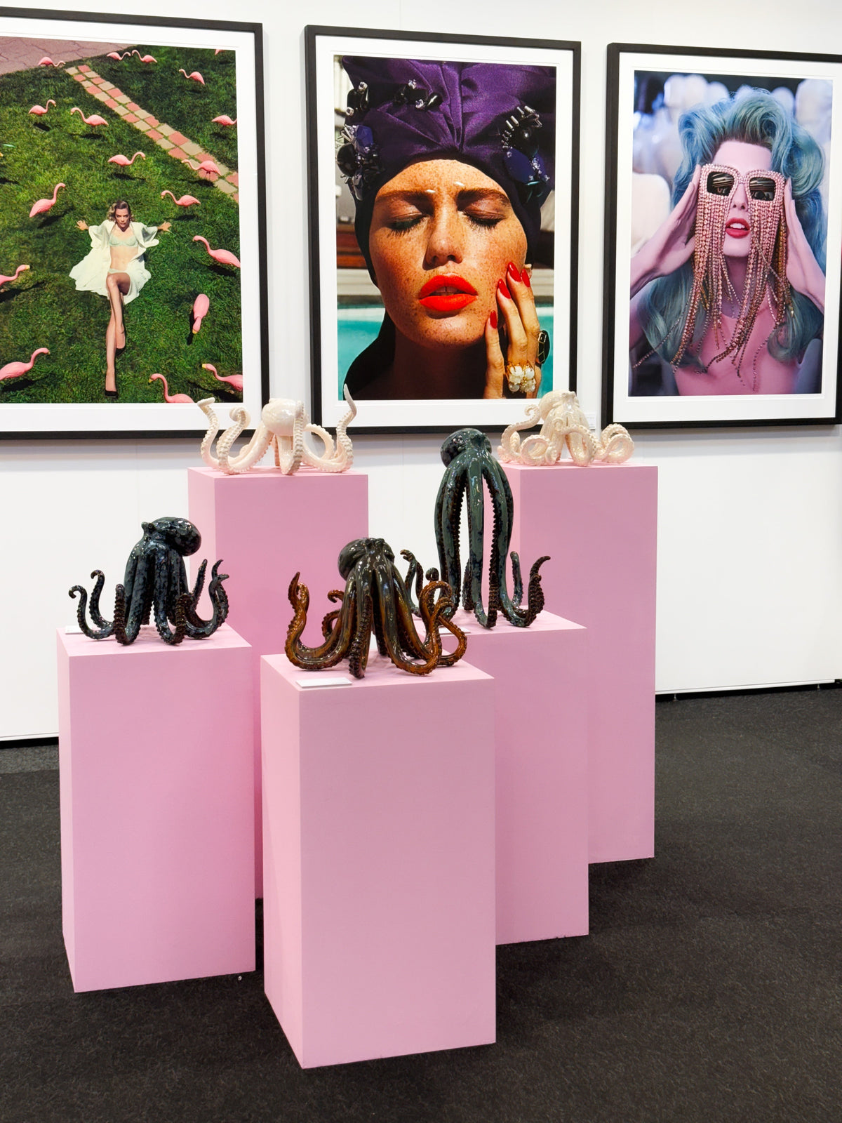 Octopus sculptures by Mia Alajasko on pink plinths, Mankovsky Gallery at Affordable Art Fair Stockholm 2024